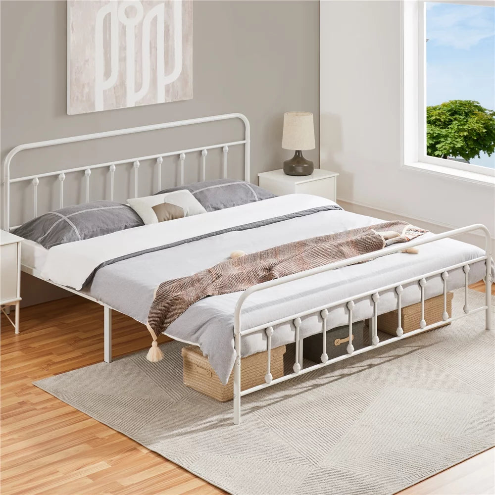 White California King Iron Platform Bed with Headboard and Footboard A367