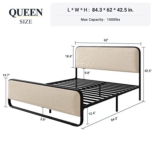 Queen Size Metal Platform Bed Frame with Upholstered Headboard and Footboard B11390