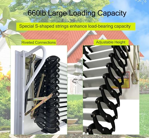 Attic Ladder 13 Steps Telescoping Folding Ladder, 31.5 x 35.4 Inch, 10.5 ft Height, 660lb Capacity S818
