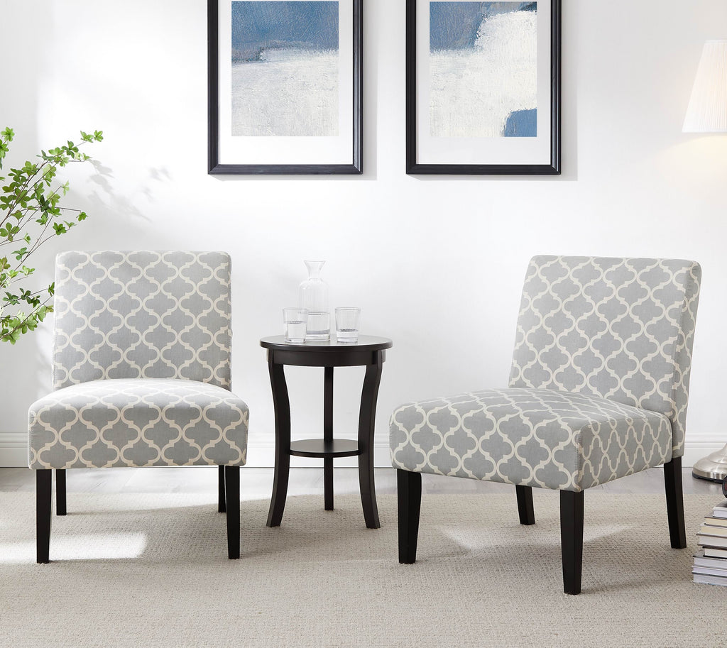 3pc Gray Fabric Upholstered Side Table and 2 Chairs E372