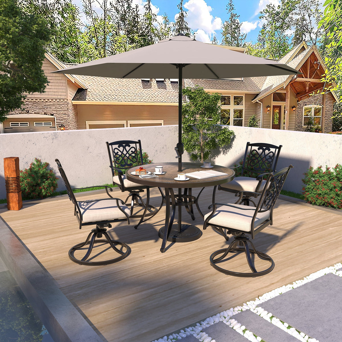 48" Cast Aluminum Round Patio Dining Table with Umbrella Hole Q1820