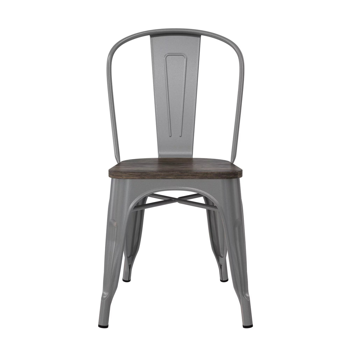 Stackable Metal Dining Chair with Wood Seat, Silver, Set of 2 P9460