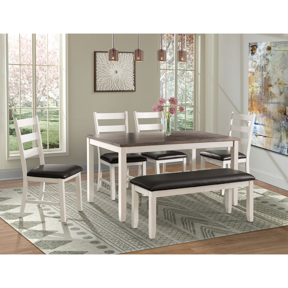 6PC Dining Set with Table, Four Chairs and Bench V17736