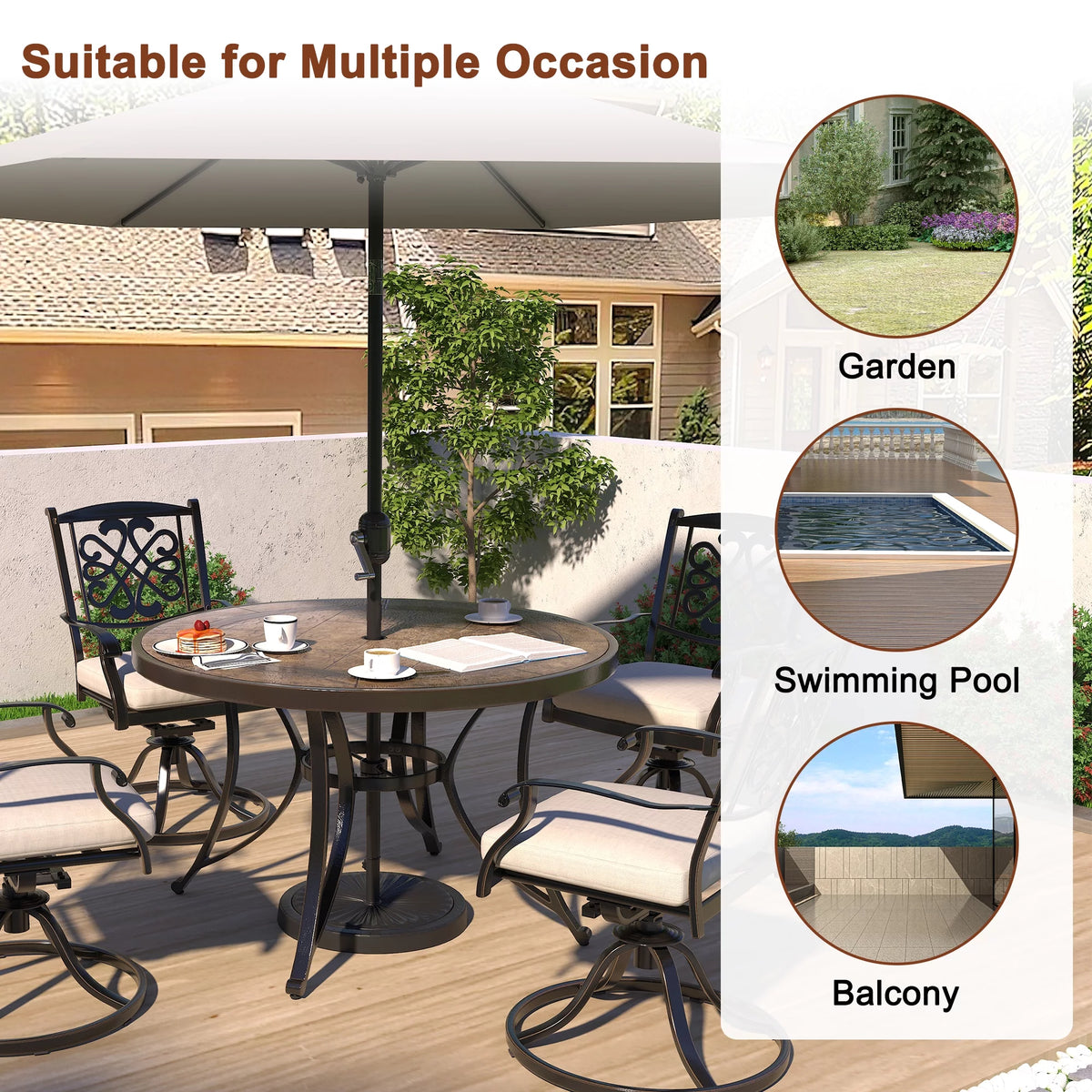 48" Cast Aluminum Round Patio Dining Table with Umbrella Hole Q1820
