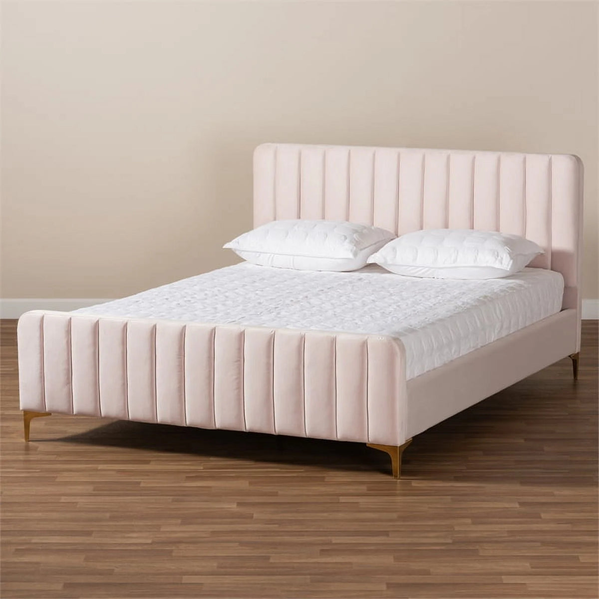 Pink Fabric Upholstered Gold Finished King Size Platform Bed J62011