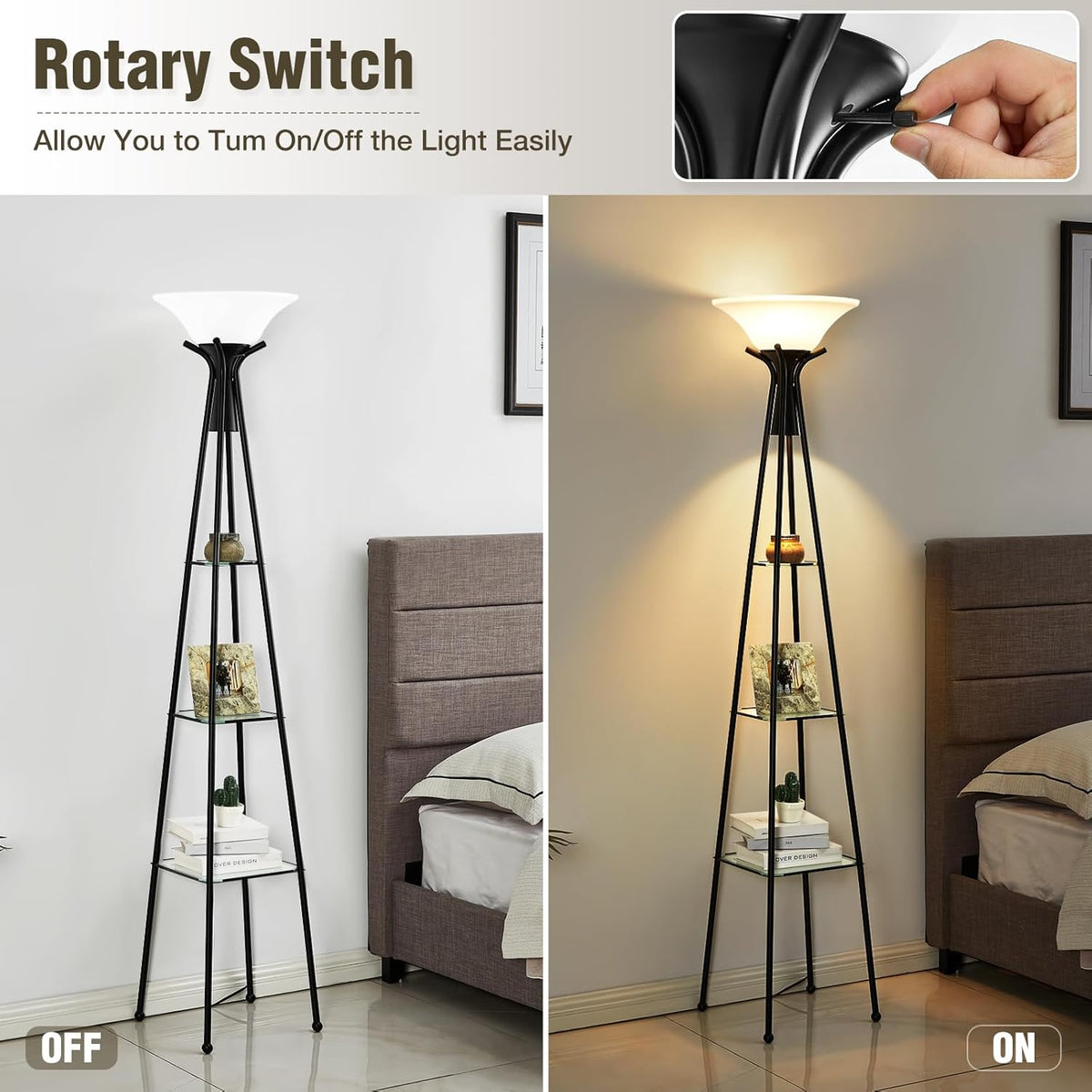 Black 69" Tall 3-Tier Glass Shelf Floor Lamp with 8W Bulb Q382