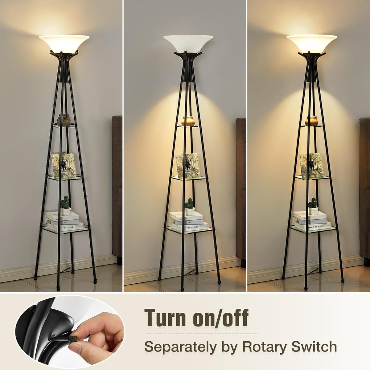 Black 69" Tall 3-Tier Glass Shelf Floor Lamp with 8W Bulb Q382