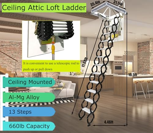 Attic Ladder 13 Steps Telescoping Folding Ladder, 31.5 x 35.4 Inch, 10.5 ft Height, 660lb Capacity S818