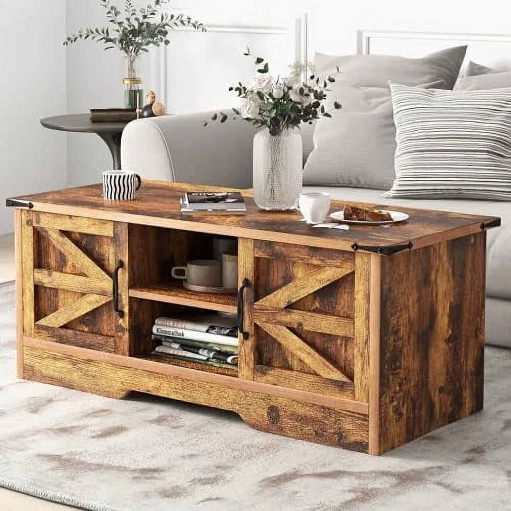 White Wooden Coffee Table with Barn Doors O9064