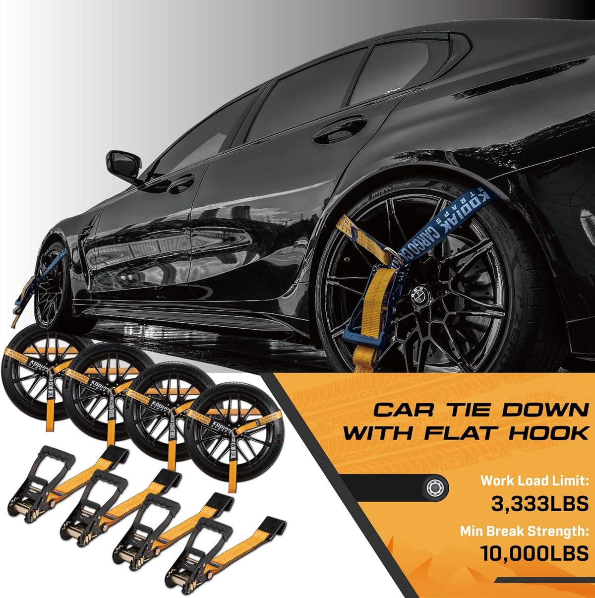 4 Pack Ratchet Car Tie Down Strap with Flat Hooks 2" x 144'' Heavy Duty 10,000lbs Min Break Strength Tire Straps J6746