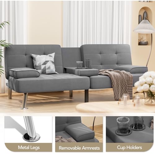 Black Linen Upholstered Convertible Folding Futon Sofa Bed with Removable Armrests, Metal Legs, 2 Cup Holders L431