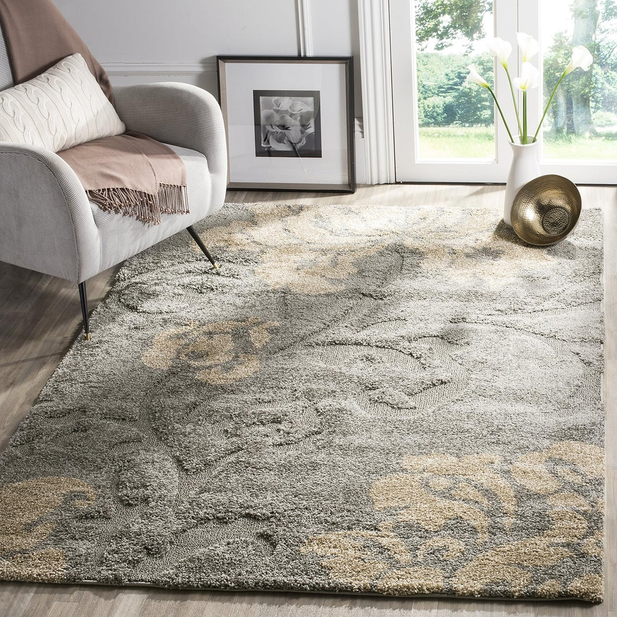 Grey & Beige Floral Area Rug, 8'6" x 12', 1.2-inch Thick U80042