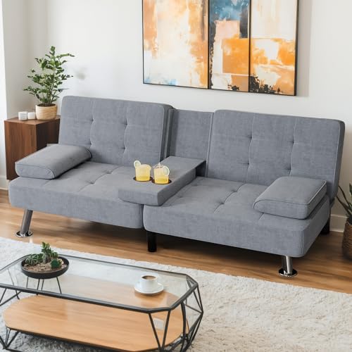 Black Linen Upholstered Convertible Folding Futon Sofa Bed with Removable Armrests, Metal Legs, 2 Cup Holders L431