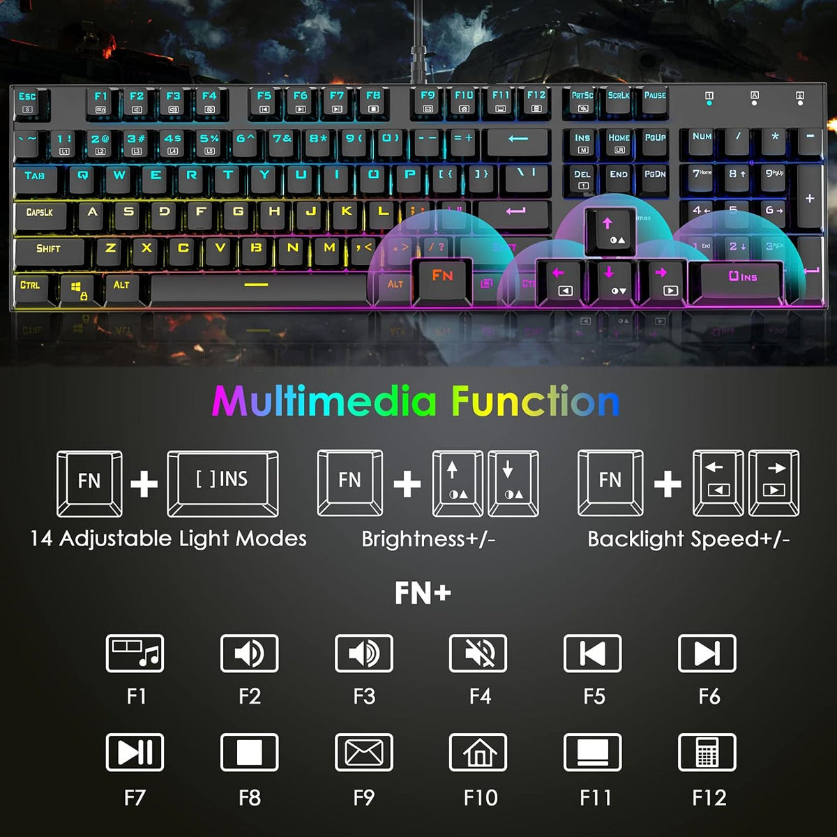 RGB Backlit 104 Keys Blue Switch Wired Mechanical Gaming Keyboard O196709