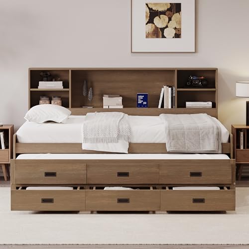 Full Size White Solid Wood Storage Daybed with Trundle Drawers Bookcase Z495424