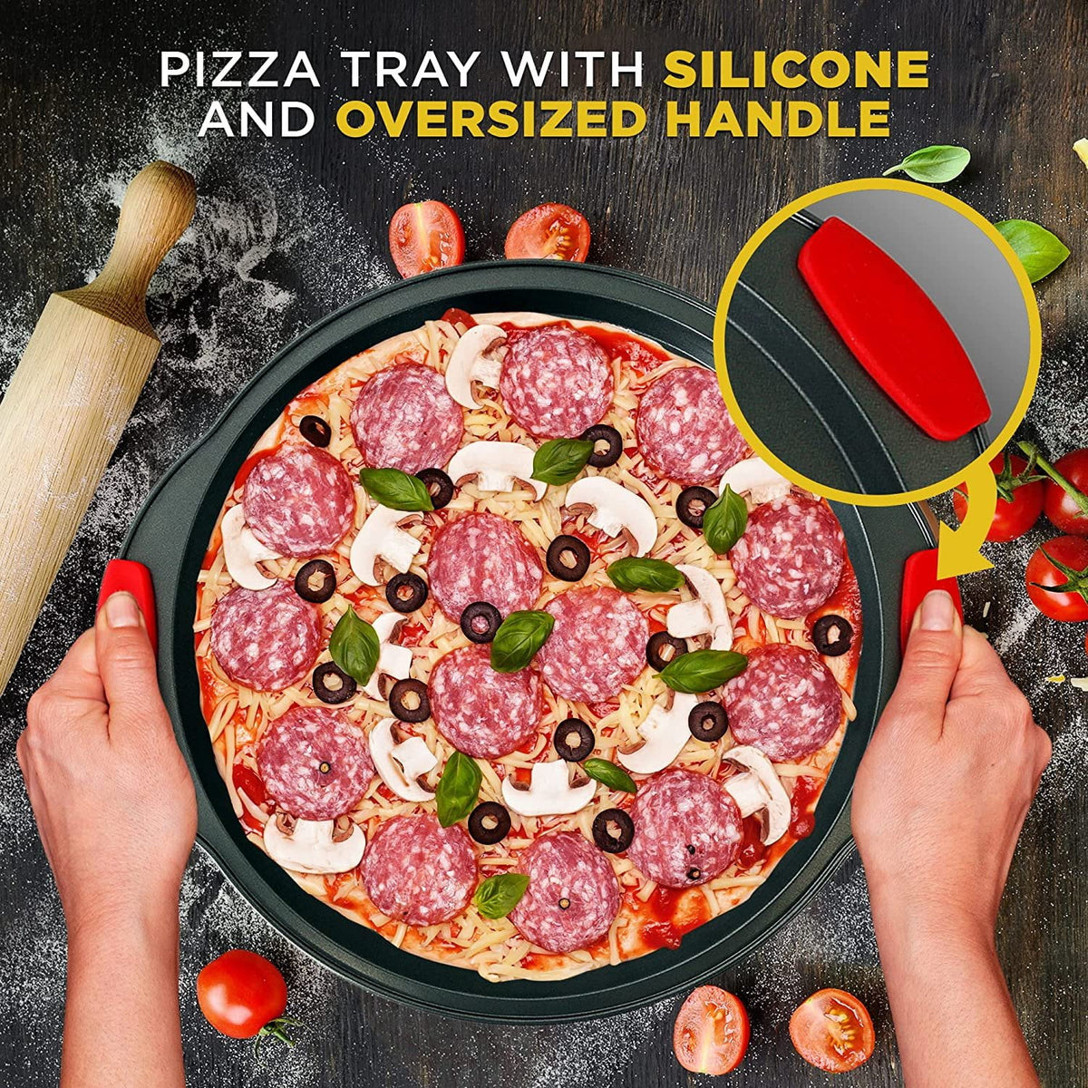 Non-Stick Round Steel Pizza Tray with Silicone Handle Q9199