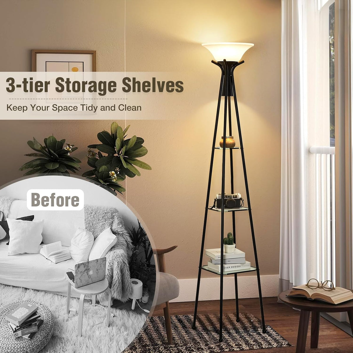 Black 69" Tall 3-Tier Glass Shelf Floor Lamp with 8W Bulb Q382