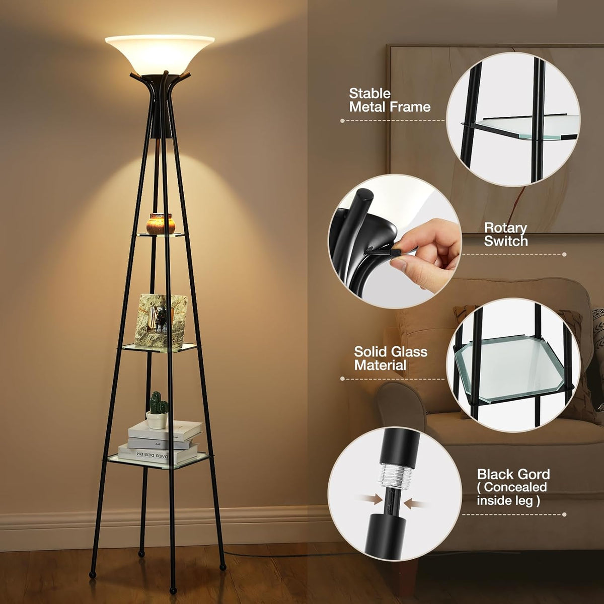 Black 69" Tall 3-Tier Glass Shelf Floor Lamp with 8W Bulb Q382