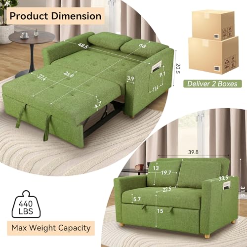 49" 2-Seater Linen Fabric Convertible Sofa Bed with Adjustable Backrest and 2 Pillows Q310