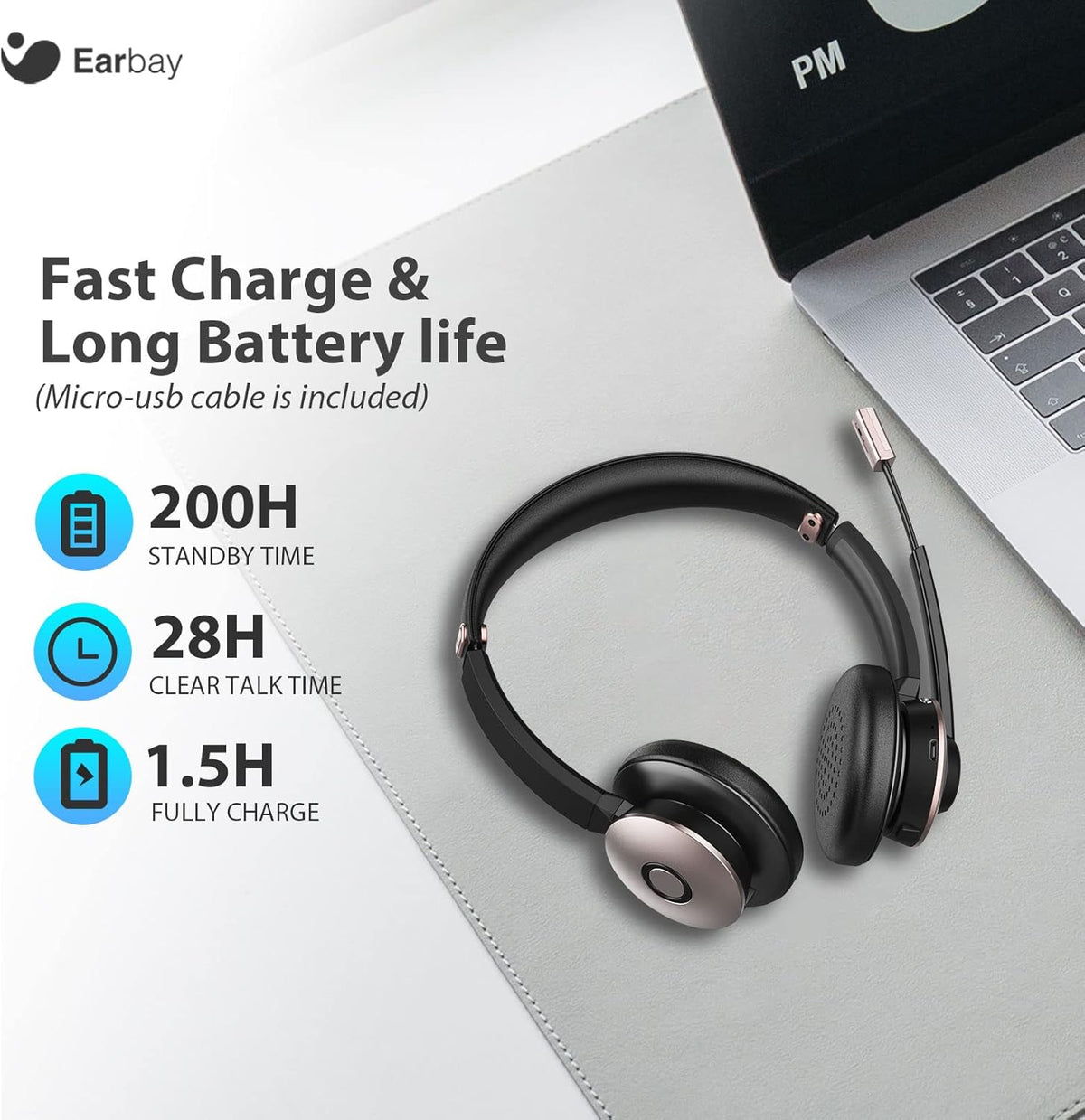 Wireless Bluetooth Headset with Microphone Noise Cancelling, On-Ear, USB Dongle, 28hrs Talk Time W18803