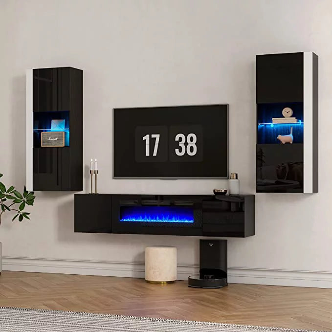 Black/White Floating Fireplace TV Stand with 2 Wall Cabinets D447