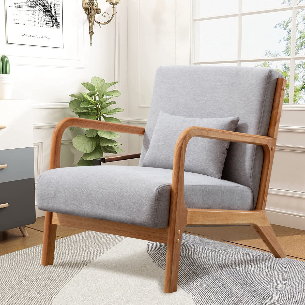 Beige Fabric Accent Armchair with Wood Frame Y34103