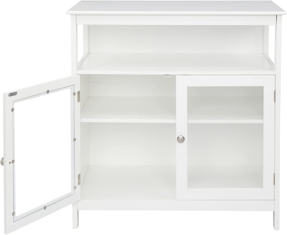 White Kitchen Storage Sideboard Cabinet with Open Shelf and 2 Glass Door Cabinet Q2427
