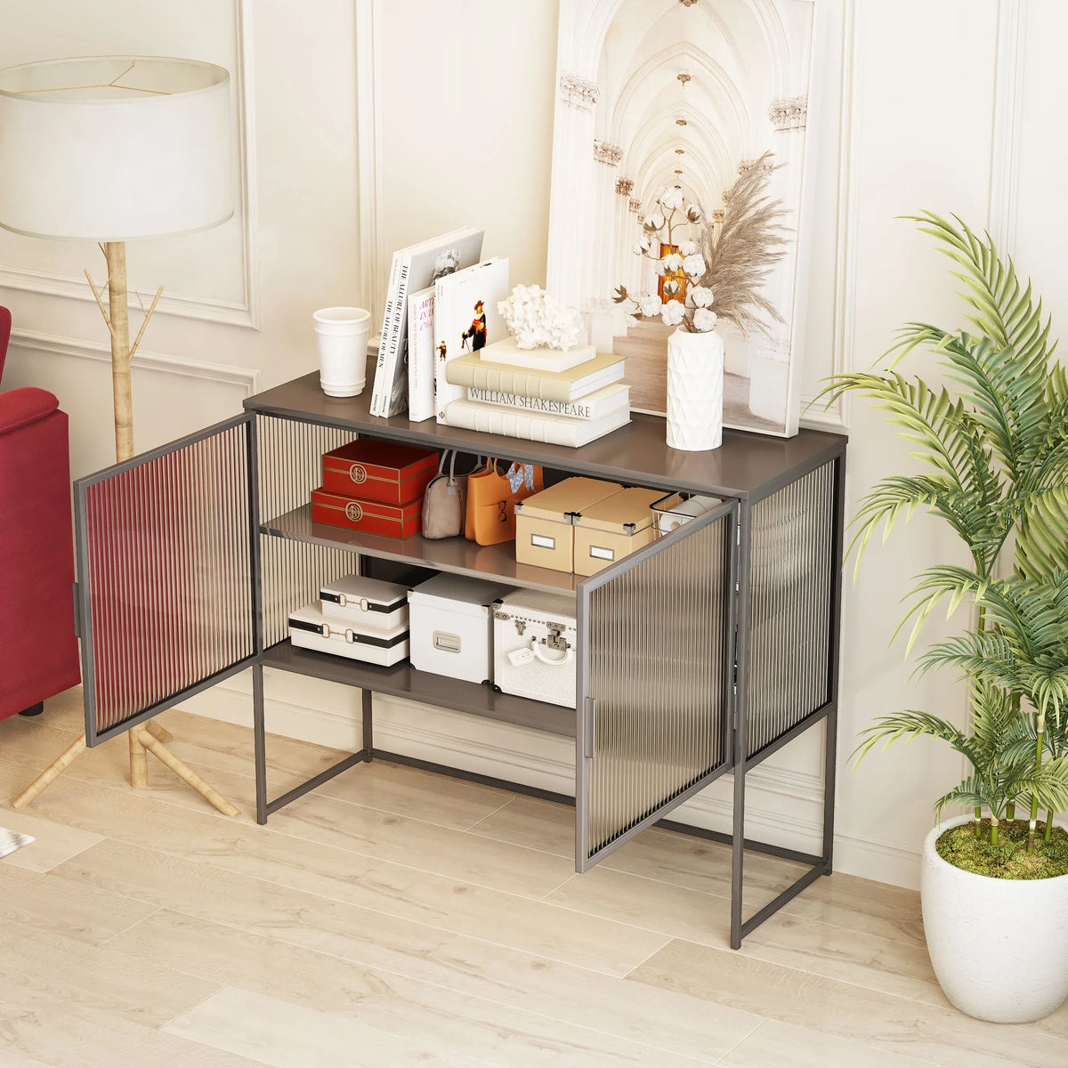 Gray Fluted Glass Sideboard Storage Cabinet Console Table X183