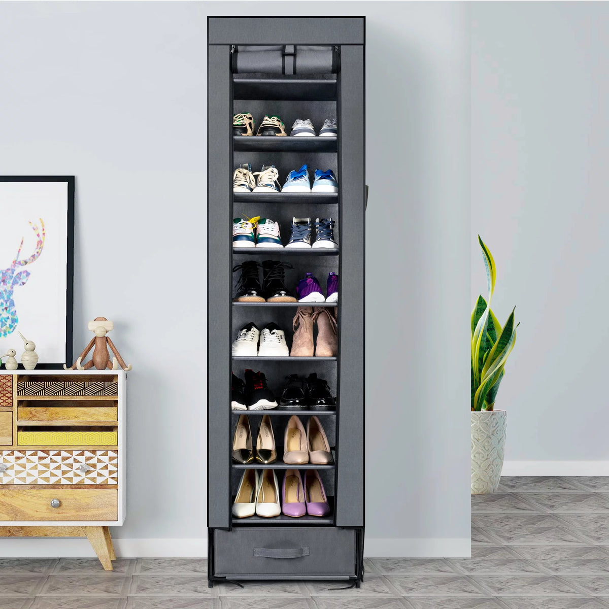 10 Tier Grey Shoe Rack with Storage Box T380771