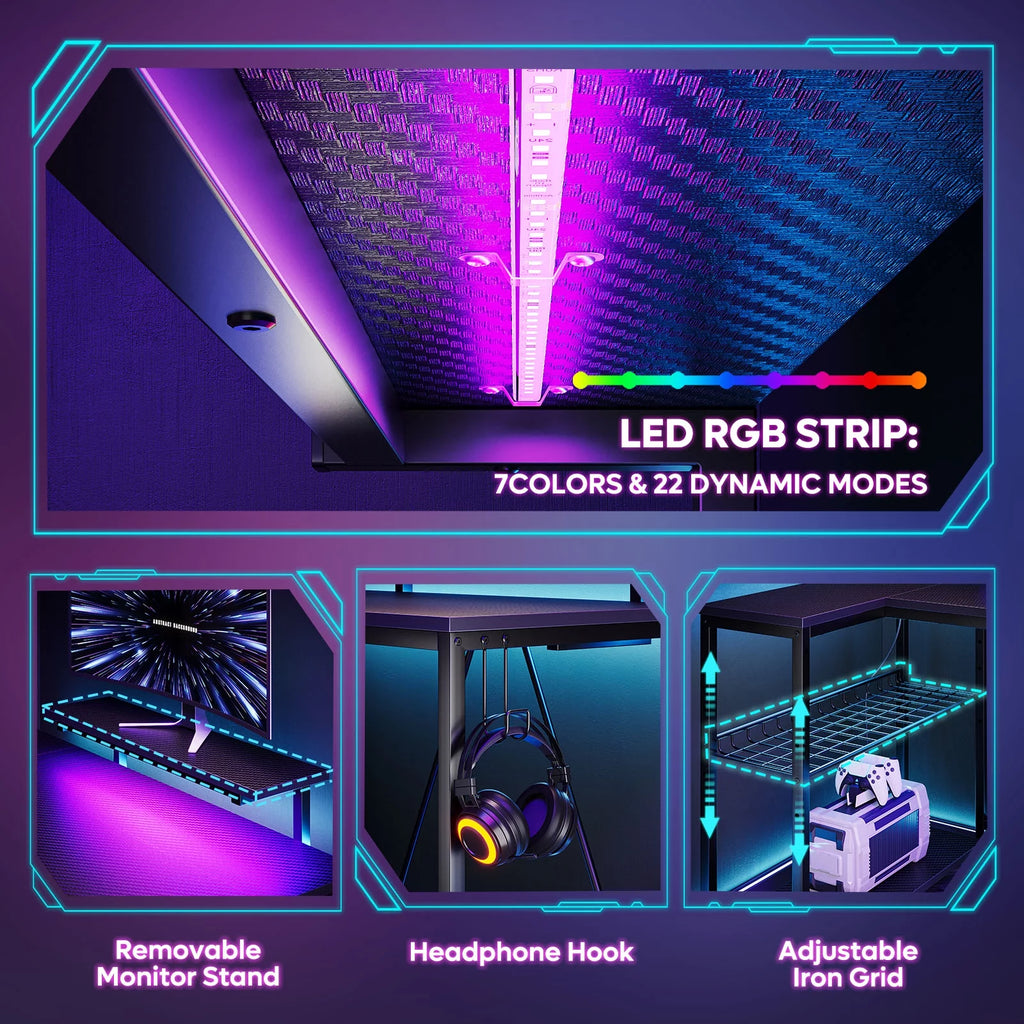 48" L Shaped Gaming Desk with LED Lights G741477