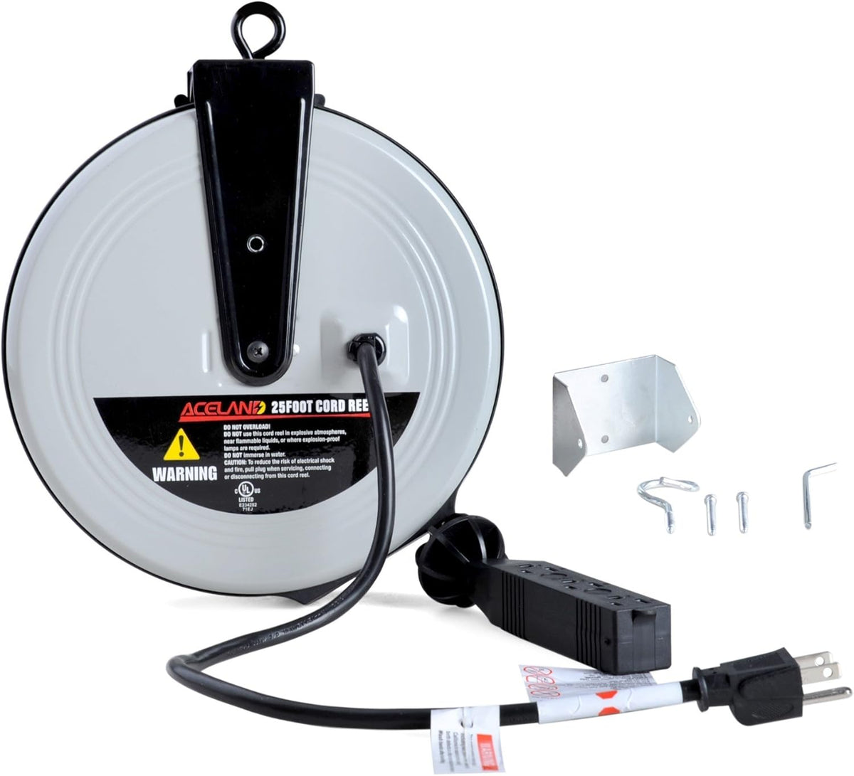 25ft Retractable Extension Cord Reel with 3 Electrical Outlets B610088