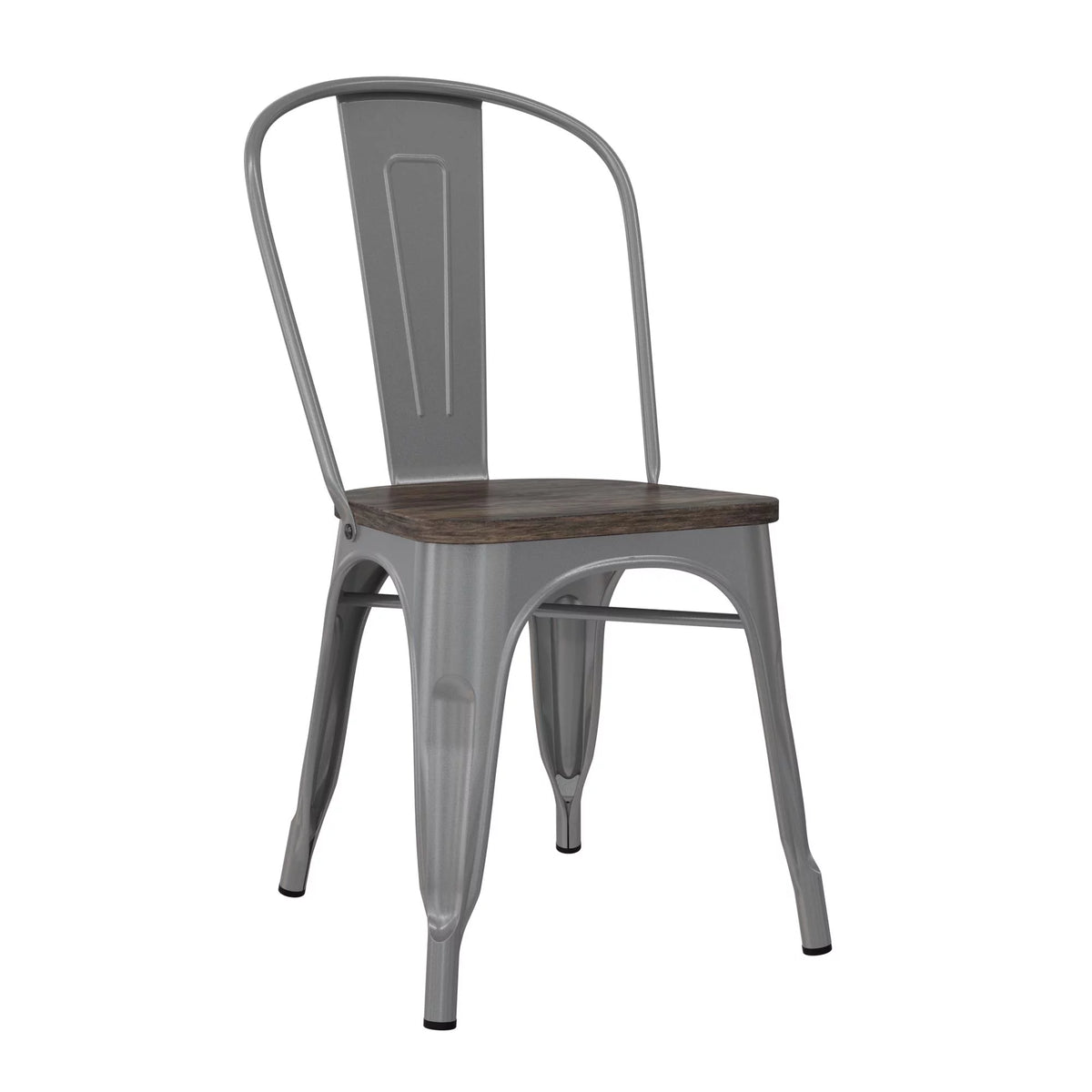 Stackable Metal Dining Chair with Wood Seat, Silver, Set of 2 P9460