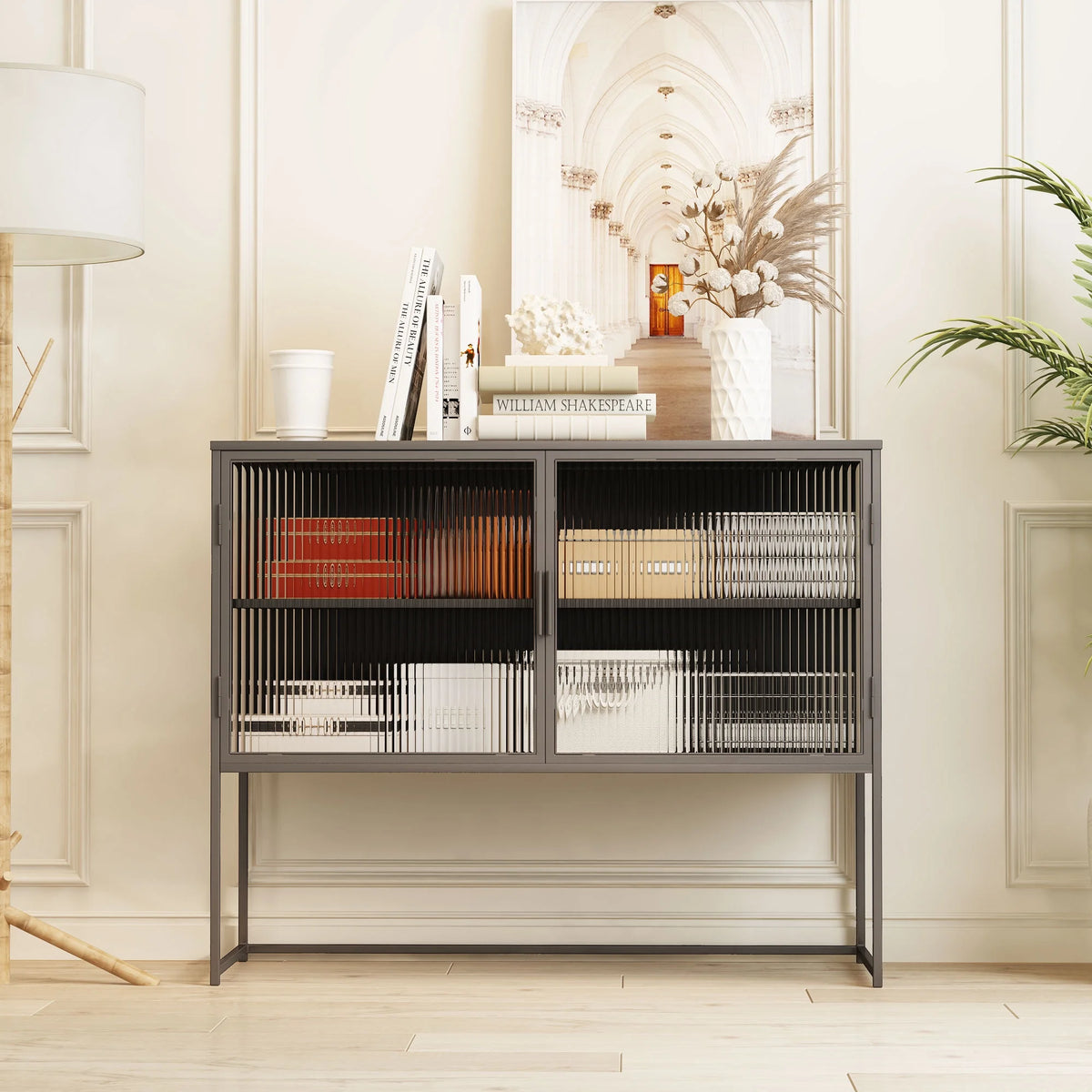 Gray Fluted Glass Sideboard Storage Cabinet Console Table X183