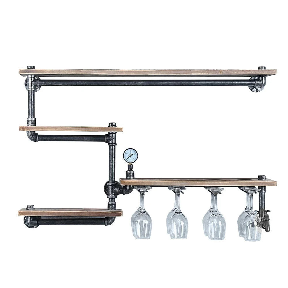 Industrial Pipe Shelving Wine Rack Wall Mount 4 Bottle Holder Bookshelf with 4 Stem Glass Holder B256