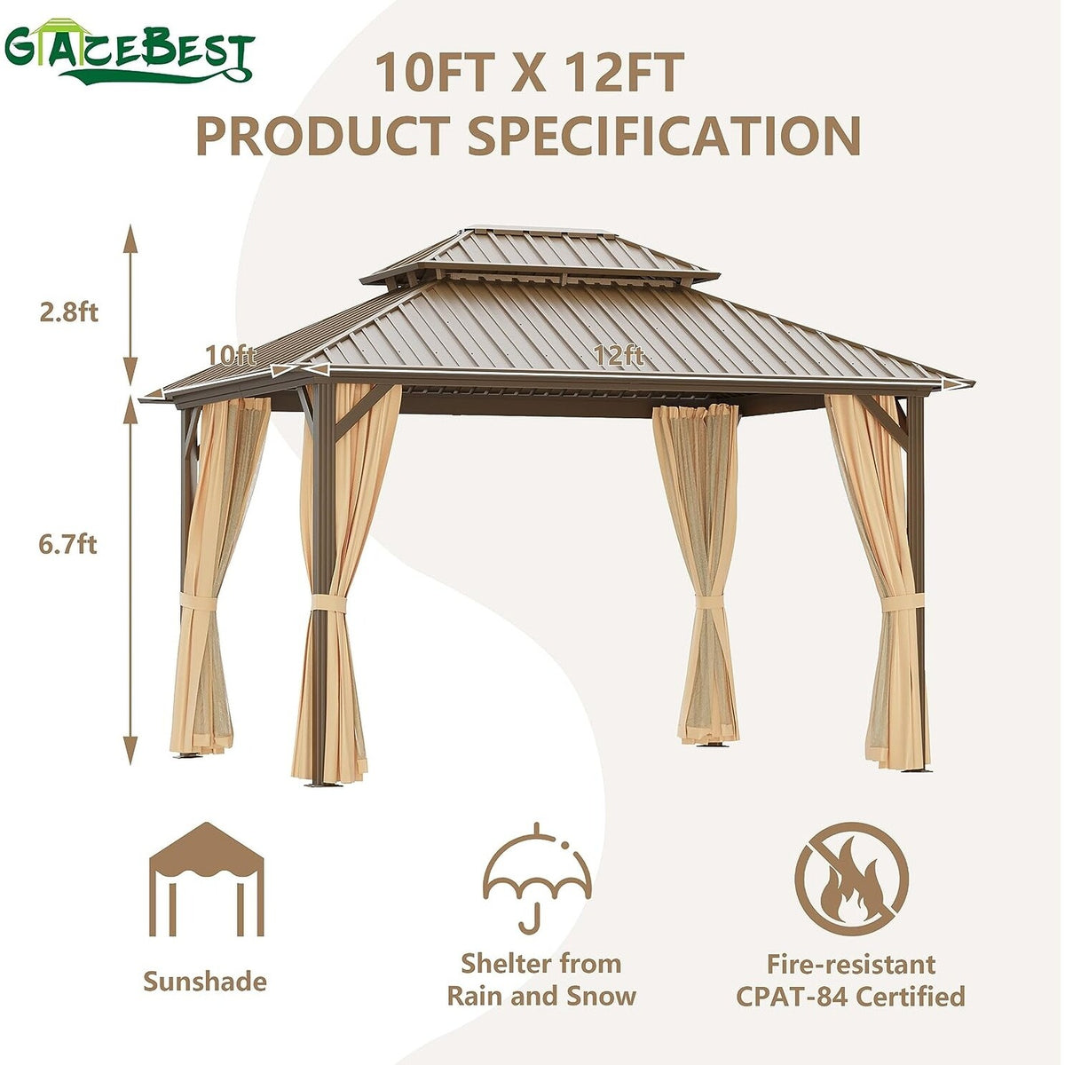 10x10 ft Hardtop Aluminum Patio Gazebo Double Roof Galvanized Steel Canopy O956303