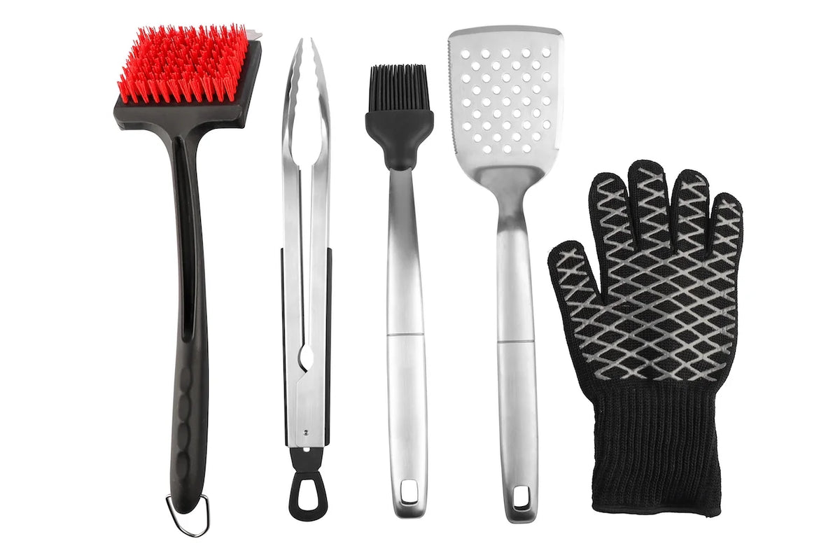 5 Pc BBQ Grill Set with Tongs Spatula Basting Brush Cleaning Brush and Heat Gloves U884