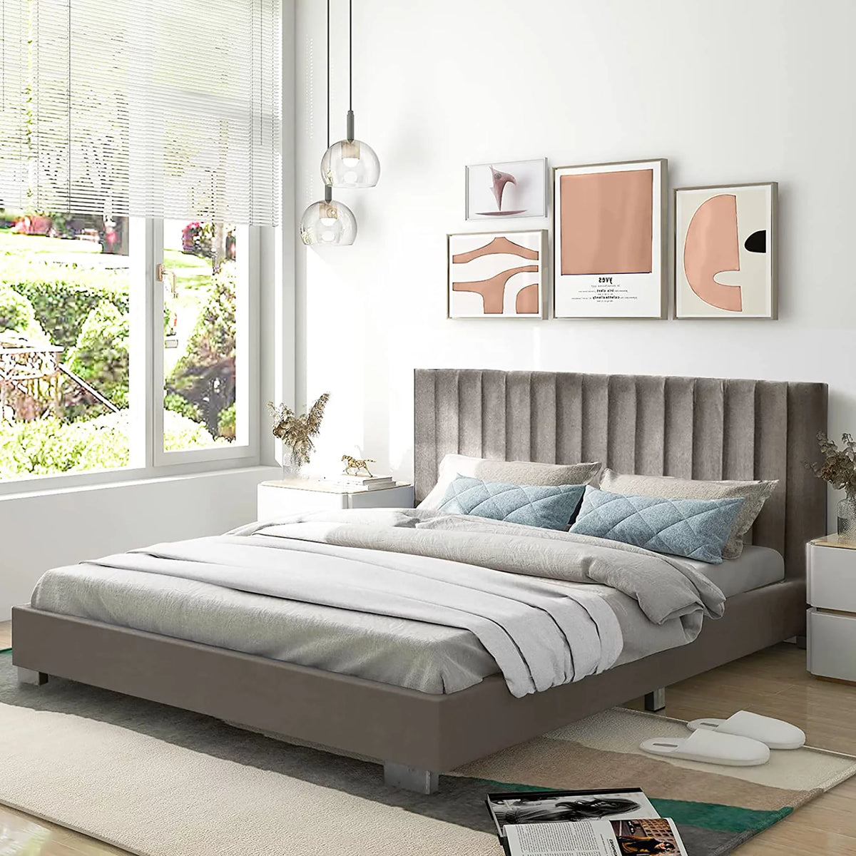 Navy Upholstered Full Size Platform Bed Frame Y138529