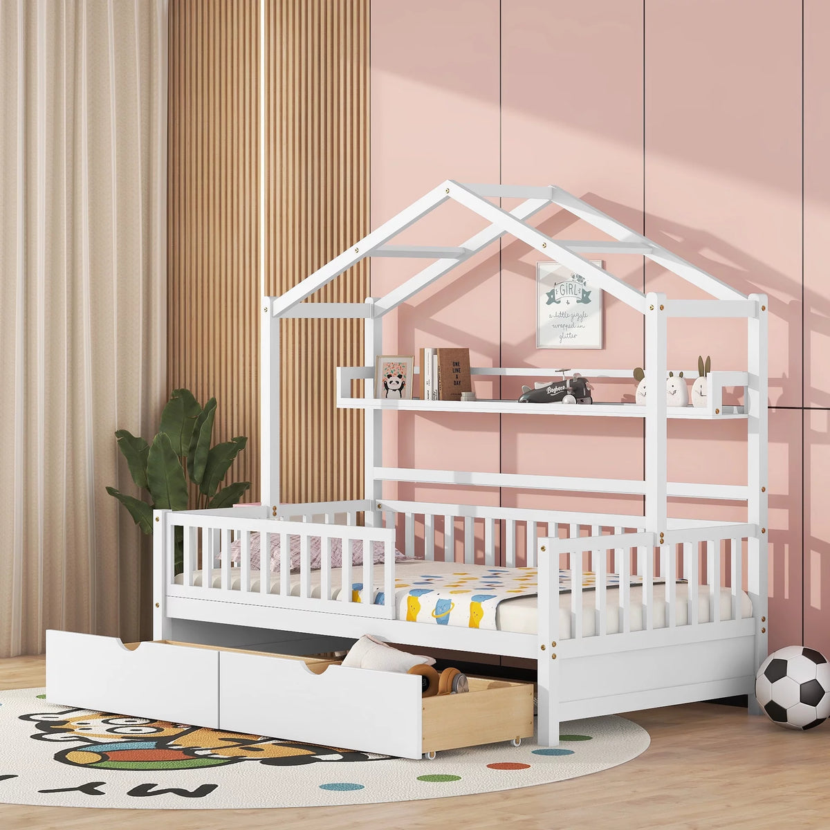 White Twin Size Wood House Bed with Storage Drawers L955031