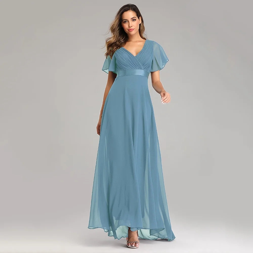 Elegant V-Neck Chiffon Formal Evening Gown Dress D645