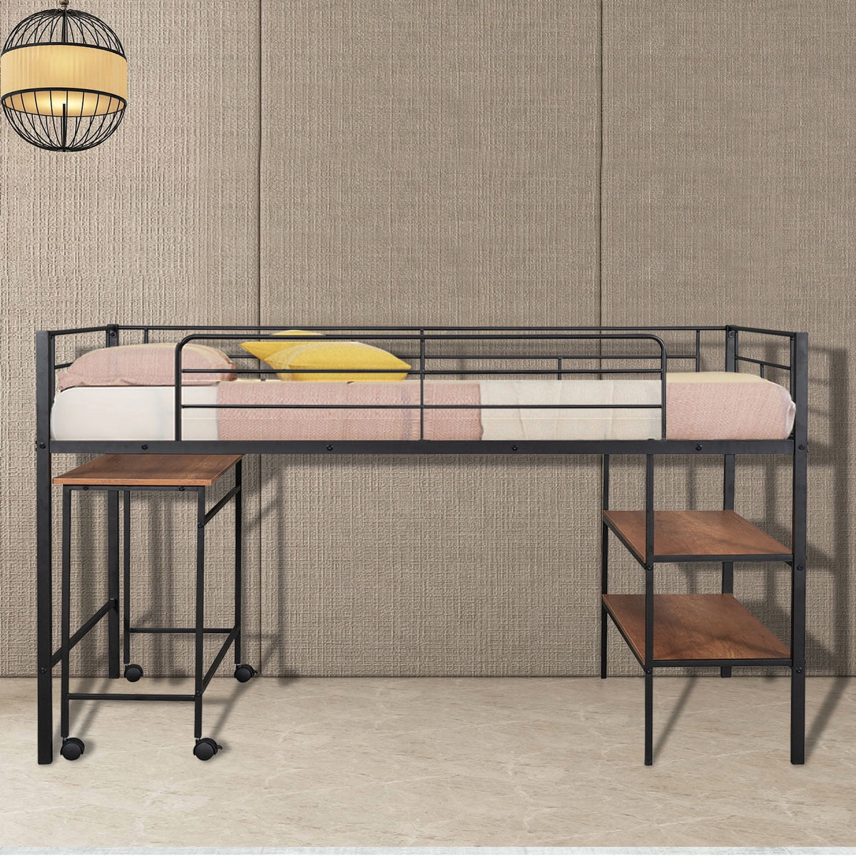 Black Double Size Metal Loft Bed with Desk and Shelves L287334