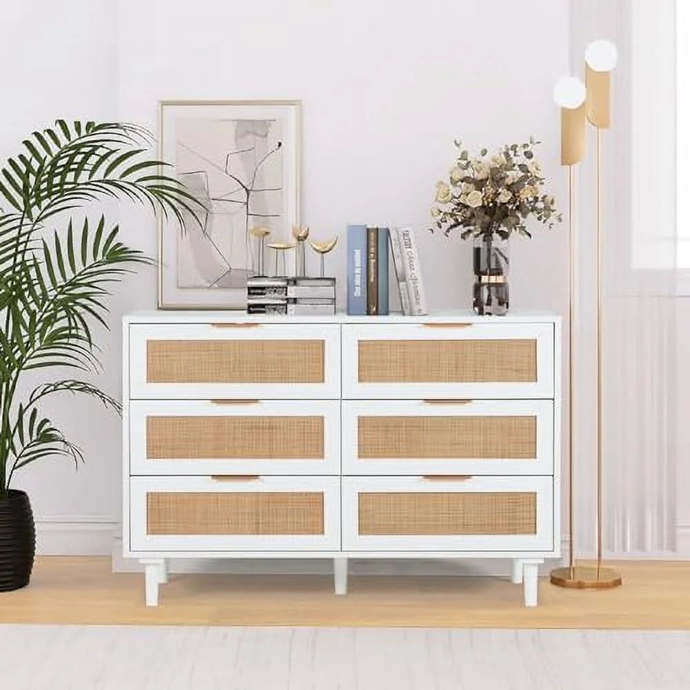 White 6 Drawer Rattan Wood Dresser X74253