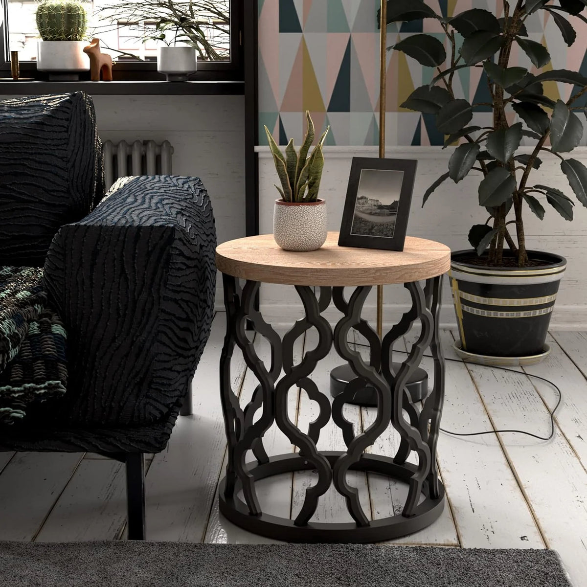 Round Black Wood End Table F99724