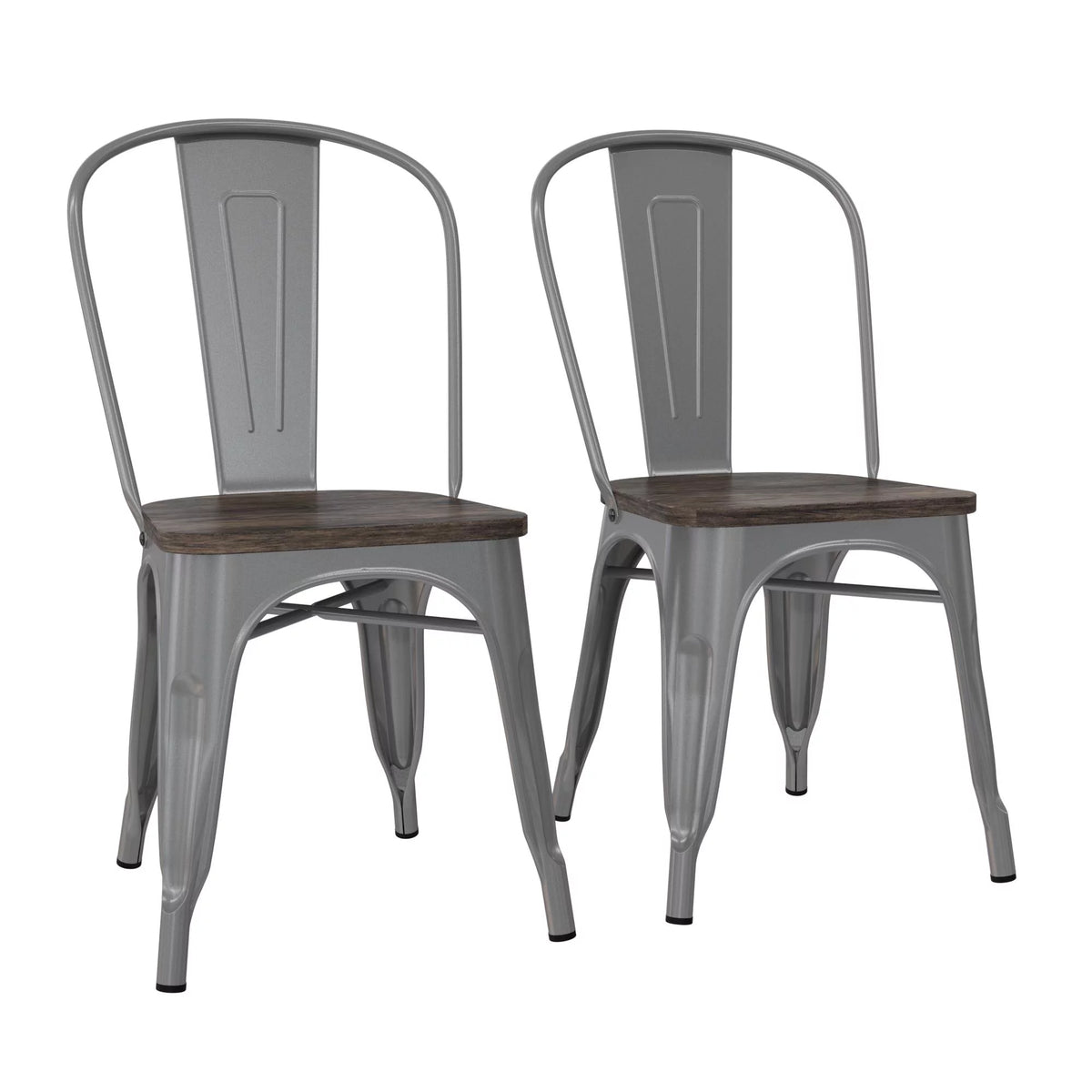 Stackable Metal Dining Chair with Wood Seat, Silver, Set of 2 P9460
