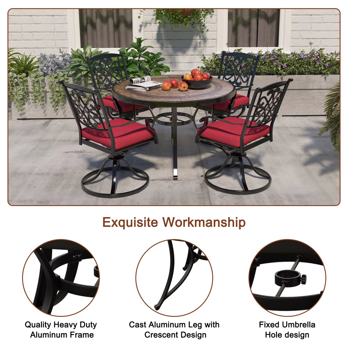 48" Cast Aluminum Round Patio Dining Table with Umbrella Hole Q1820