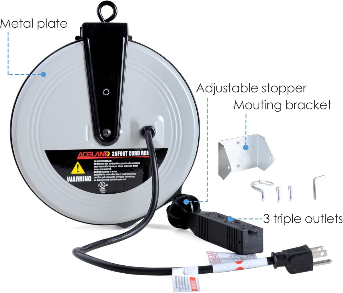 25ft Retractable Extension Cord Reel with 3 Electrical Outlets B610088