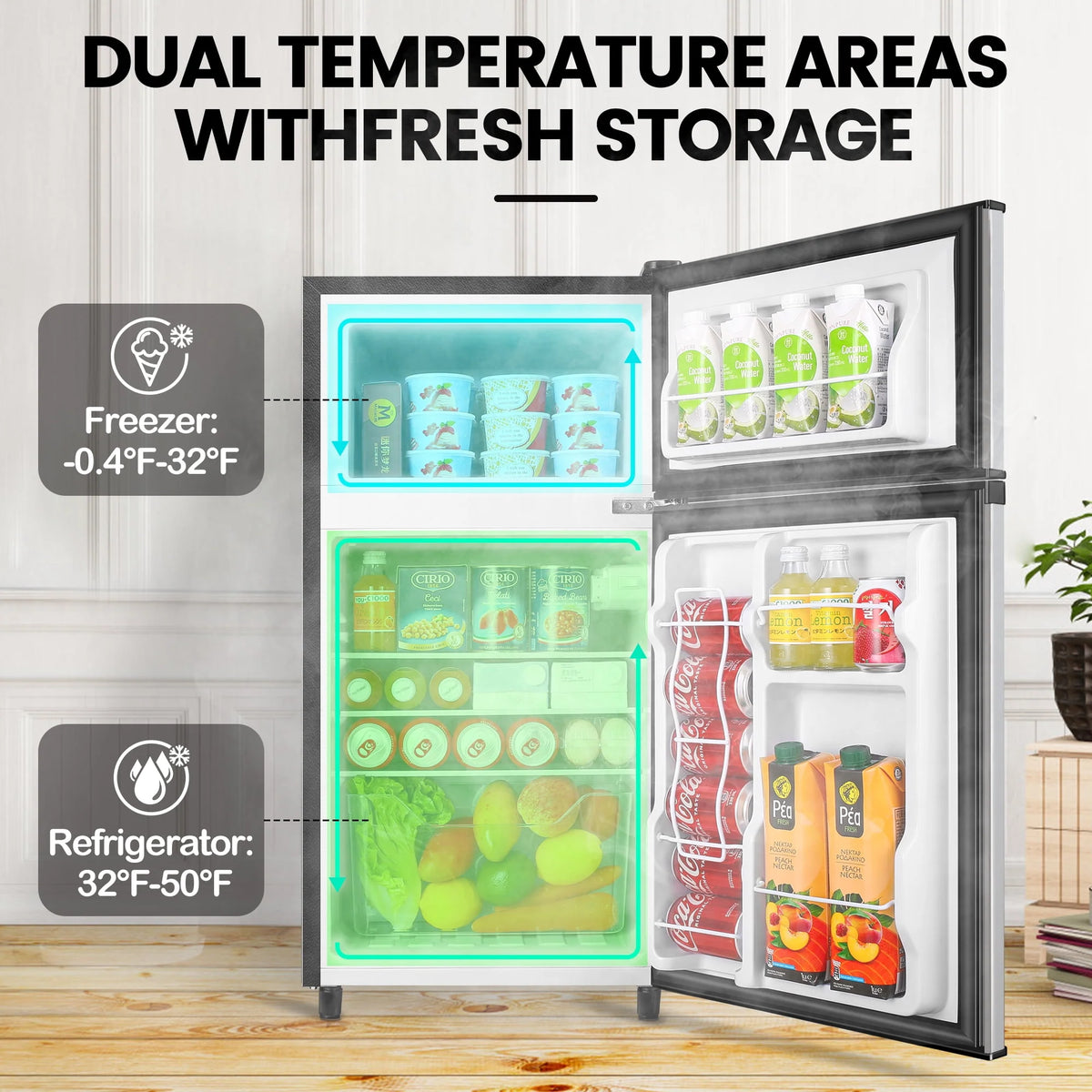 Two Door Mini Fridge with Freezer, 3.5 Cu ft, Black W900634