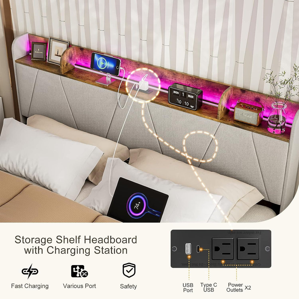 King Bed Frame with Storage Headboard & Charging Station, Upholstered LED Platform Bed Frame, Light Grey Q99357