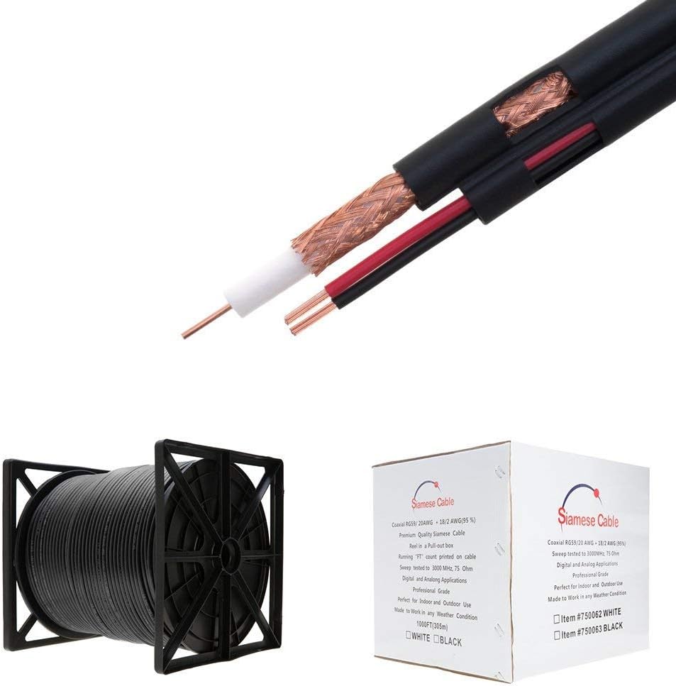 1000FT White RG59/U Siamese Cable, 20AWG + 18/2 AWG Power, 95% Shielding N361749