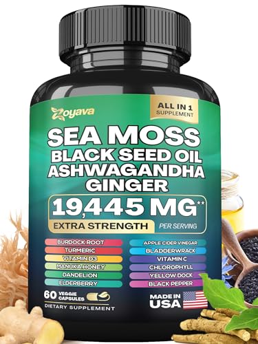 7000mg Sea Moss Black Seed Oil Ashwagandha Turmeric Bladderwrack Burdock & Ginger Vitamin C Vitamin D3 with Elderberry Manuka Dandelion Yellow Dock Chlorophyll ACV W43832