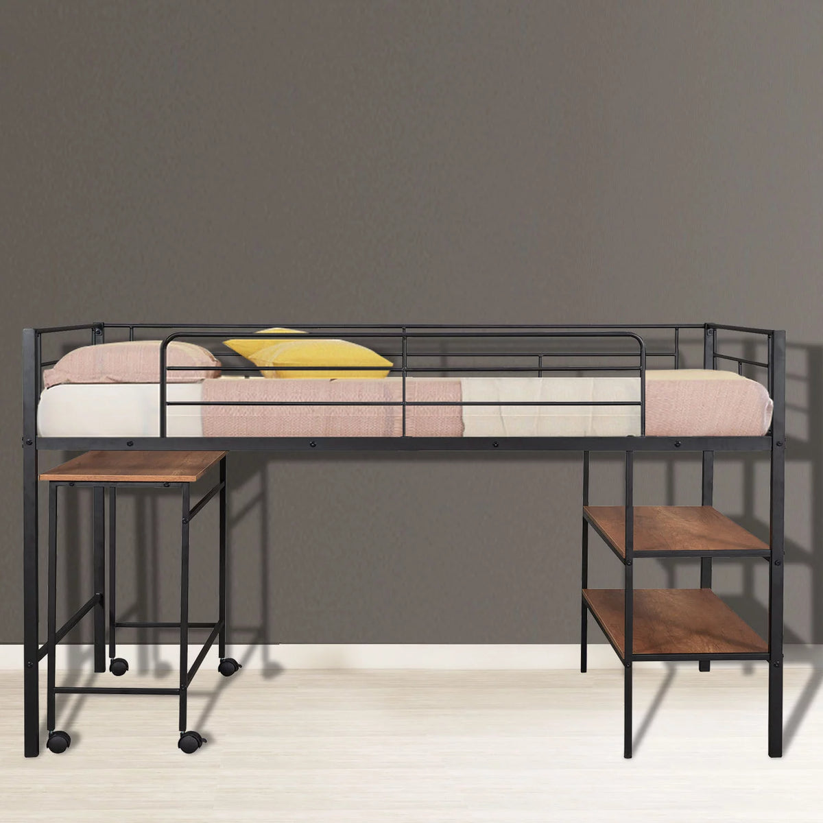 Black Double Size Metal Loft Bed with Desk and Shelves L287334